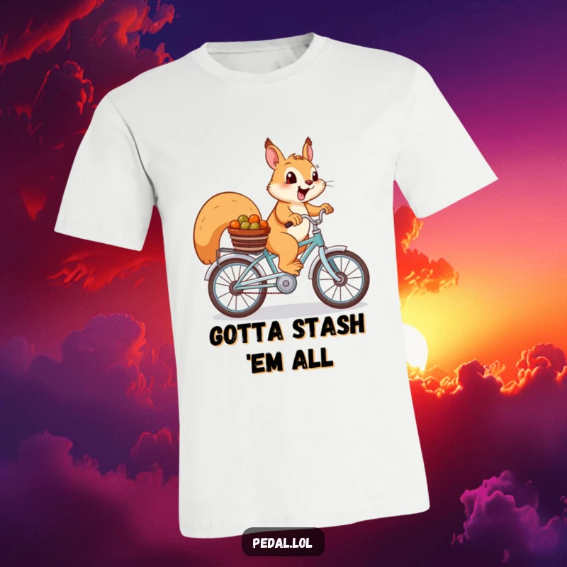 Funny Squirrel T-Shirt: A cheerful squirrel rides a bike filled with nuts, capturing outdoor fun.