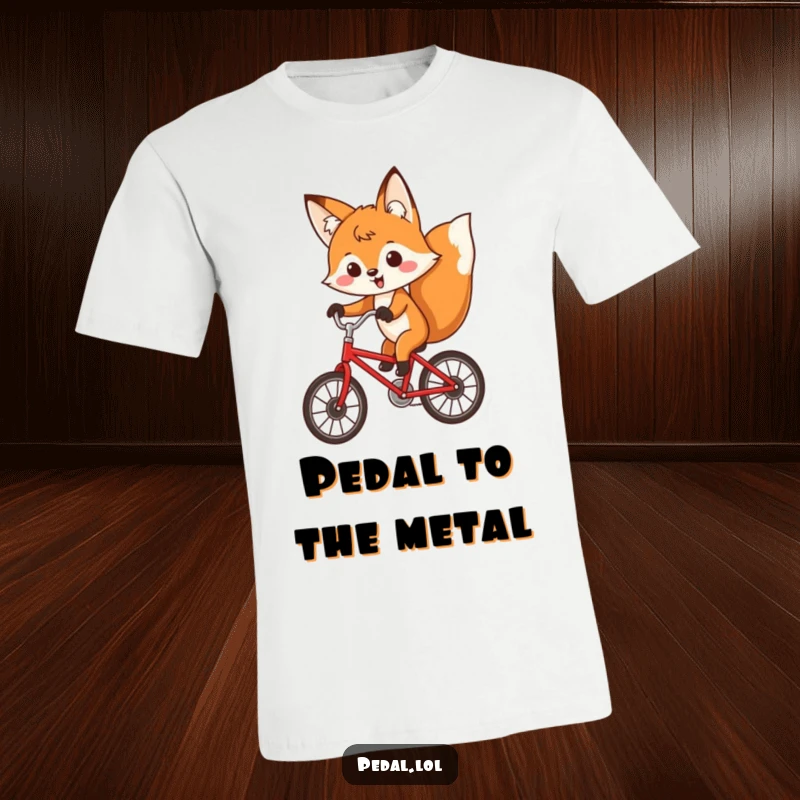 Funny fox wearing a determined expression while joyfully riding a red bicycle, a humorous t-shirt.