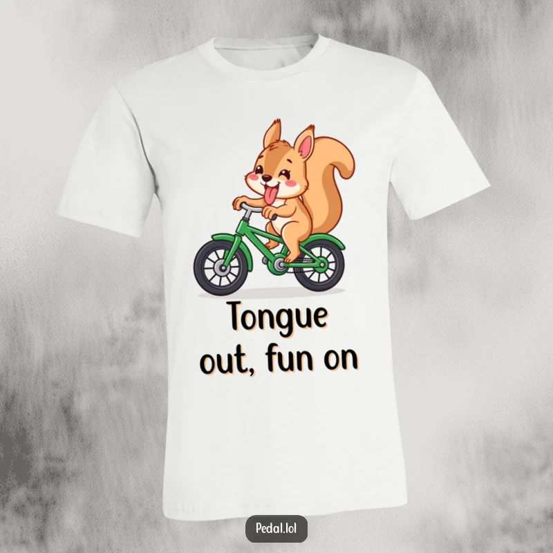 Funny squirrel with its tongue sticking out, enthusiastically riding a green bicycle, a humorous t-shirt.