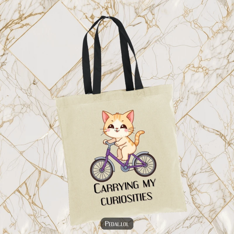 Funny cat happily riding a purple bicycle, looking around with curiosity, showcased on a durable and humorous tote bag.