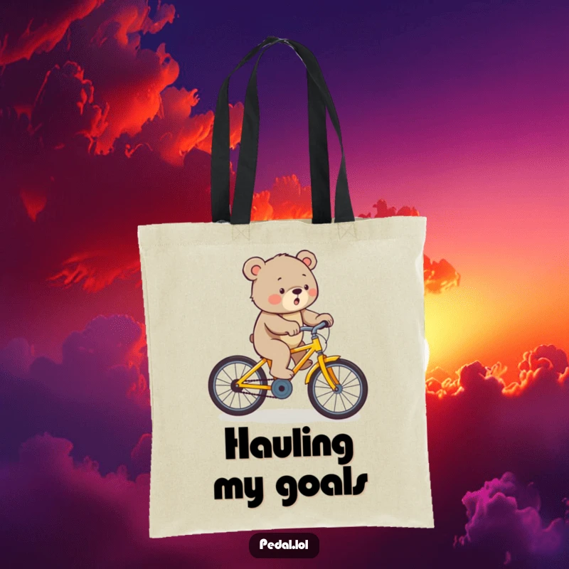Funny bear pedaling a yellow bicycle uphill with effort, showcased on a durable and humorous tote bag.