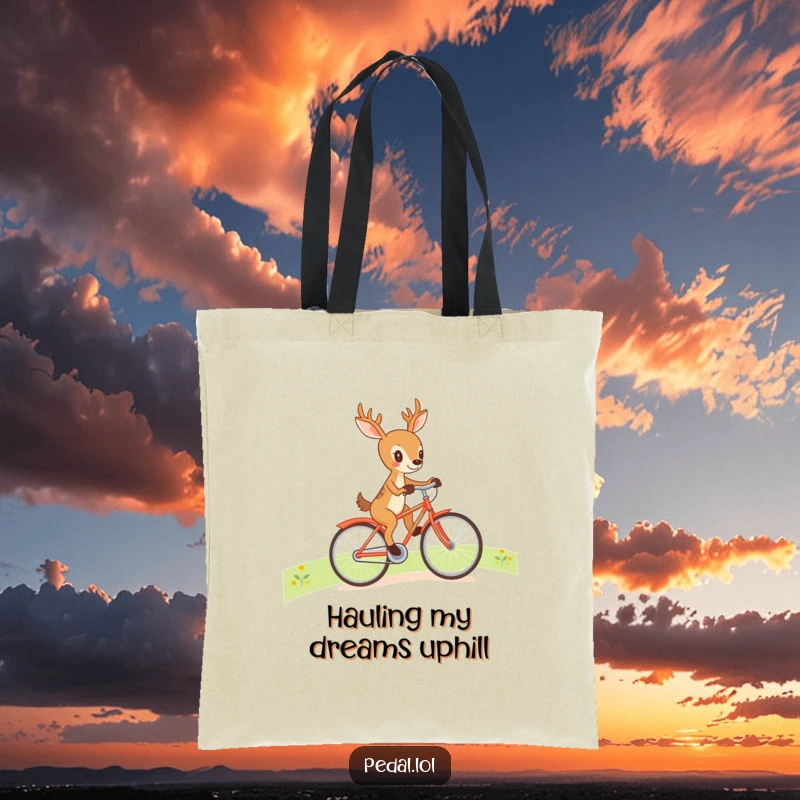 Funny deer pedaling a bicycle vigorously on a tote bag, an eco-friendly and humorous accessory for daily use.