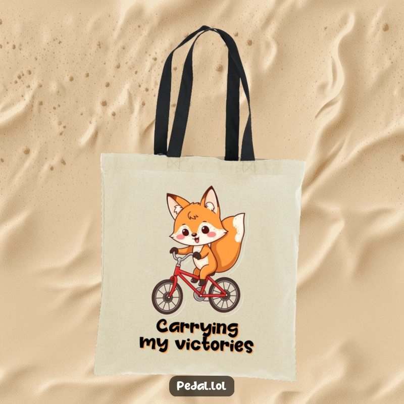 Funny fox with a determined expression riding a red bicycle, showcased on a durable and humorous tote bag.