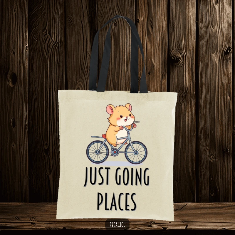 Funny Hamster Bicycle Tote Bag: A practical tote showcasing a hamster pedaling a small bike with extreme speed, perfect for a funny gift.
